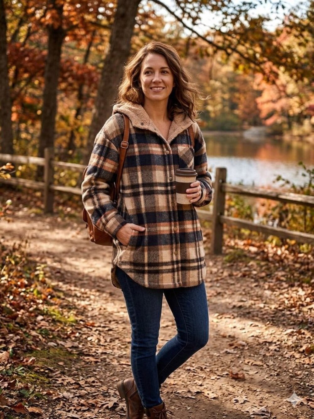 NWT Dokotoo flannel hooded shacket in tan/brown plaid, size S